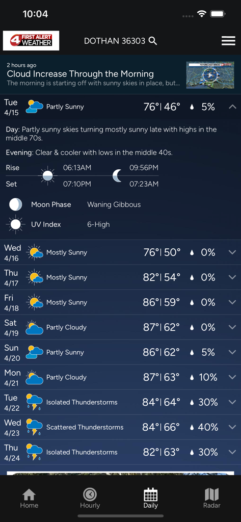 A 10-day weather forecast screen for Dothan Alabama on the WTVY First Alert Weather app showing daily temperatures and sky conditions