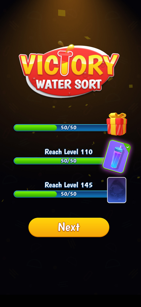 Color Water Sort: Puzzle Game - Pantalla de victoria en Color Water Sort que muestra barras de progreso de nivel y recompensas