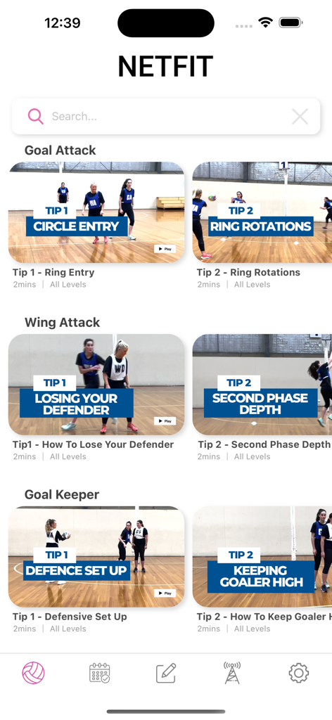 NETFIT Netball - NETFIT Netball app interface showing training videos categorized by player positions such as Goal Attack and Wing Attack