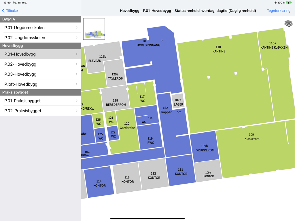 CleanPilot Go - CleanPilot Go app interface on iPad showing a color-coded building floor plan with room labels for cleaning management