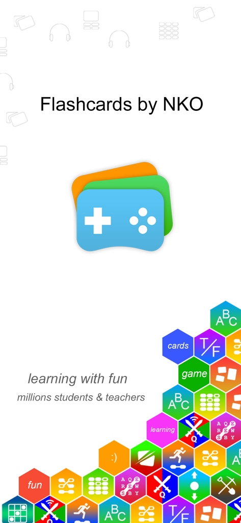 Flashcards by NKO: Flash Cards - Introductory screen of the Flashcards by NKO app showing colorful icons of various educational games and the tagline learning with fun