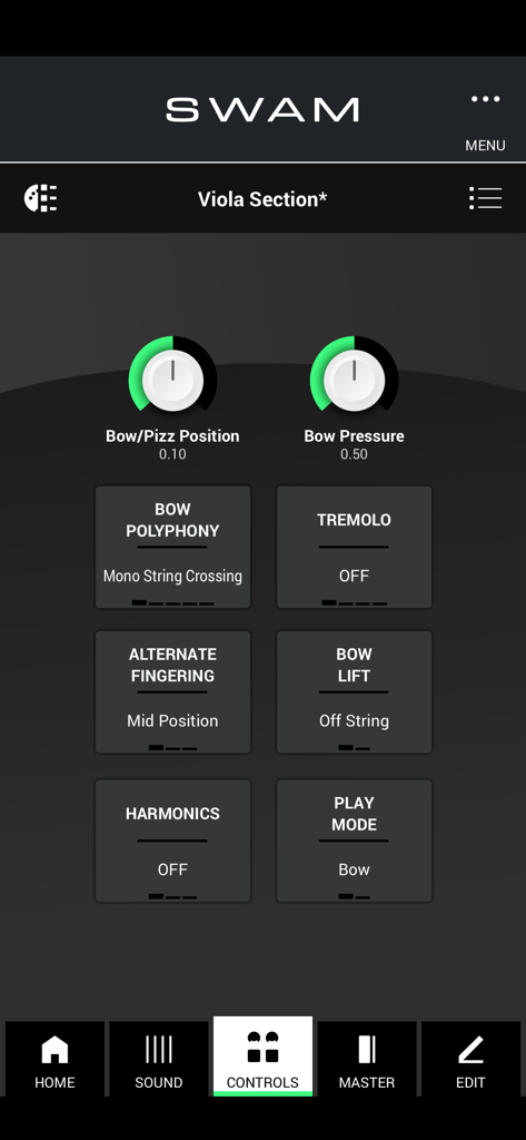 Interface of the SWAM Viola Section app showing expressive performance controls like bow pressure and position