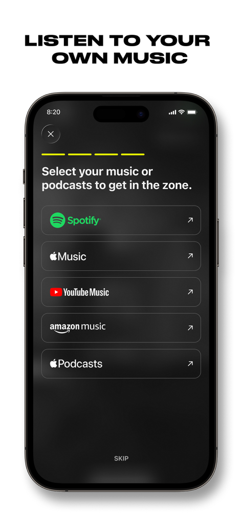 Ladder app interface for selecting music and podcast integrations including Spotify and Apple Music.