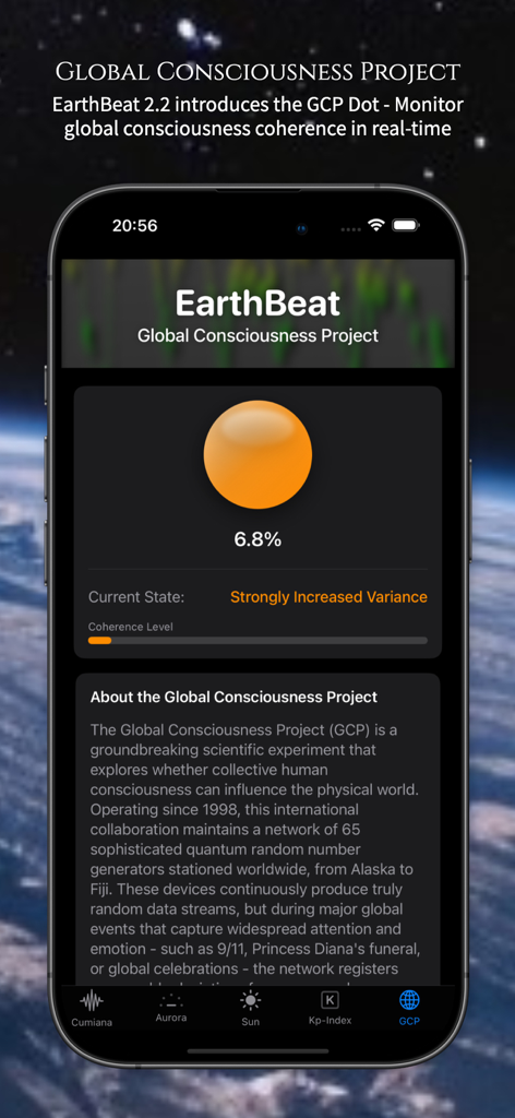 EarthBeat - Schumann Resonance - リアルタイムデータ視覚化ドットが表示されたEarthBeatアプリのグローバル意識プロジェクトインターフェースが表示されたスマートフォン画面。
