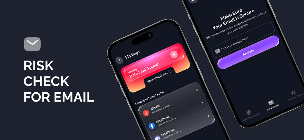 Interface do aplicativo BlitzShield mostrando o verificador de vazamento de dados de e-mail e resultados de risco