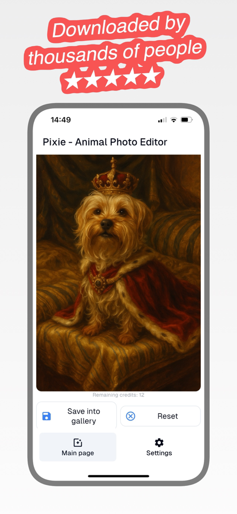 A small dog transformed into a royal king wearing a crown and cape using the Pixie AI app