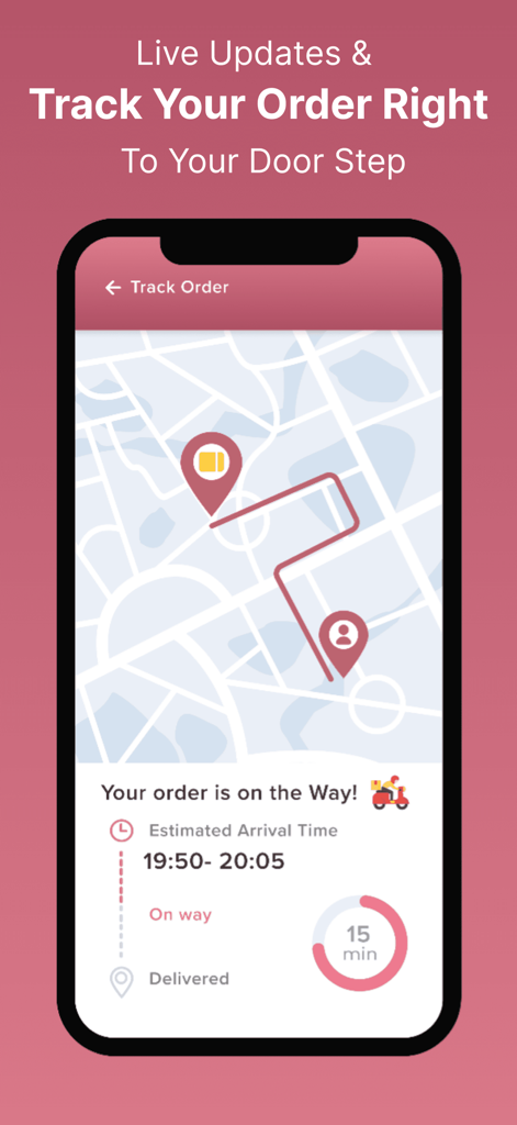 WOW VIR: Flowers Cakes & Gifts - Interfaz de la aplicación móvil mostrando seguimiento de entrega en tiempo real en un mapa con hora estimada de llegada.