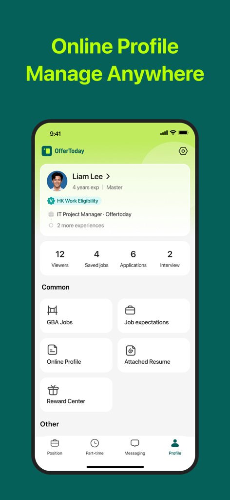 OfferToday - Find Jobs - OfferToday app user profile screen displaying personal professional info, application statistics, and career management tools