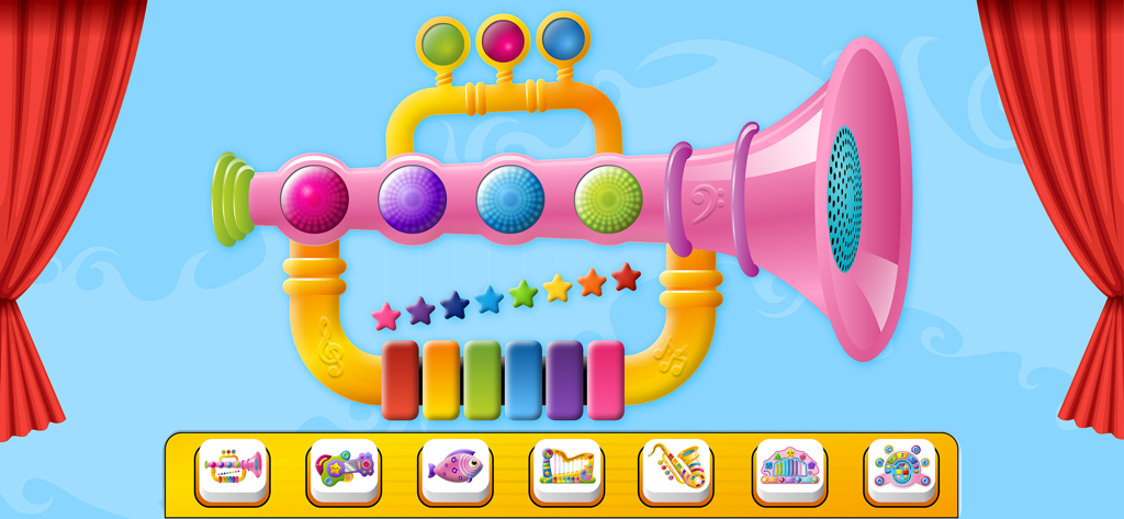Colorful interactive toy trumpet for kids in the baby piano music app