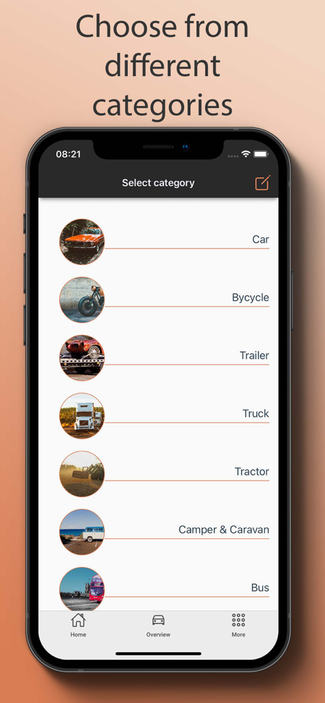 Mobile app screen showing vehicle categories including car truck and trailer for inspection reminders
