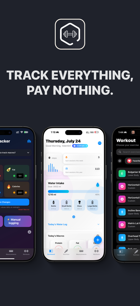 Interface do aplicativo GymBro mostrando rastreamento de macros, painel de ingestão de água e registro de treinos