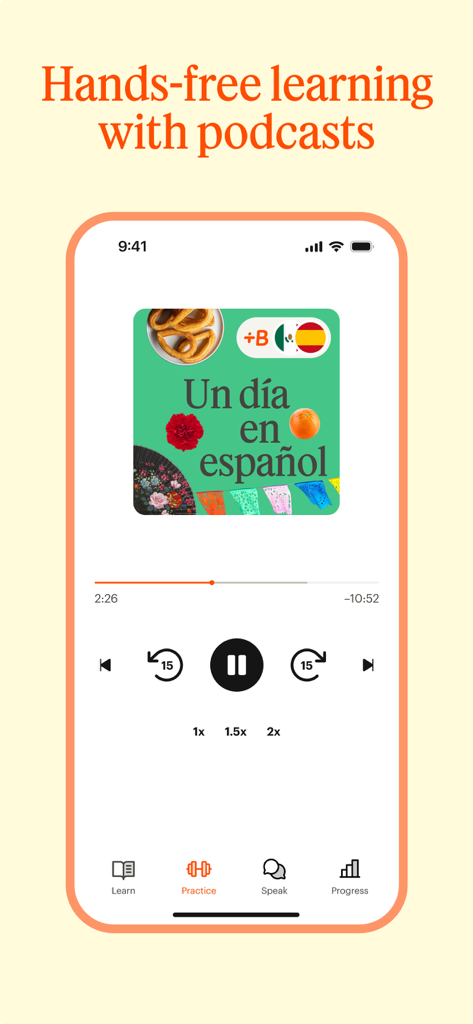 L'interface de l'application Babbel affiche une leçon de podcast en espagnol avec des commandes de lecture audio pour un apprentissage mains libres.