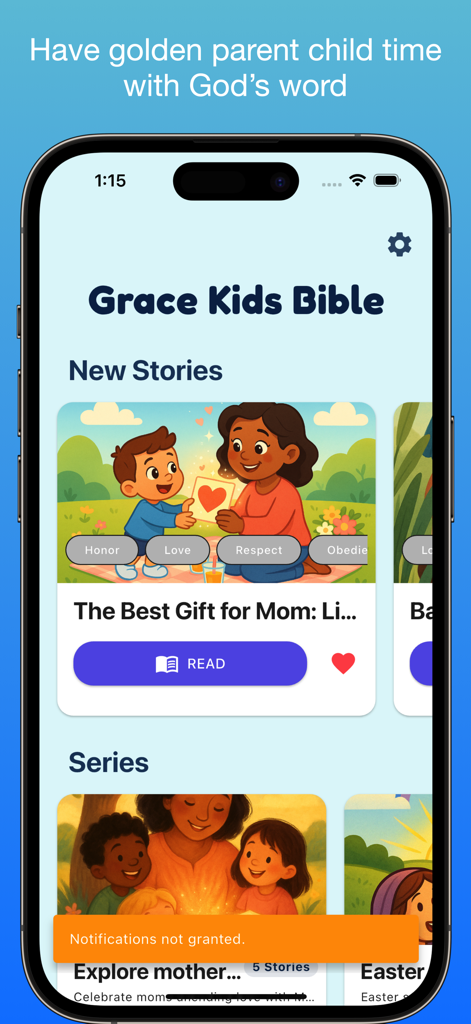 Kids Bible Stories app | Grace - Pantalla de inicio de la aplicación Grace Kids Bible con historias bíblicas ilustradas para niños y padres