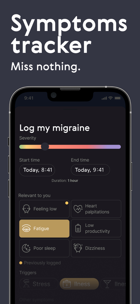 Relief - Migraine Tracker - Symptoms tracker screen in the Relief app showing a log migraine form with severity slider and symptoms like fatigue and dizziness