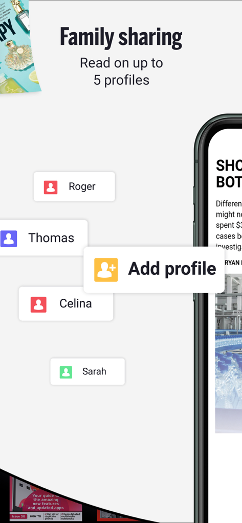Readly - Unlimited Magazines - Readly app interface showing family sharing feature with five user profiles