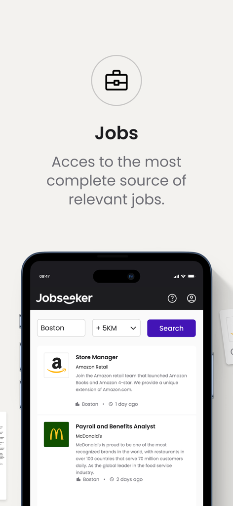 Interfaz de la aplicación Jobseeker en un teléfono inteligente que muestra resultados de búsqueda de empleo locales en Boston.