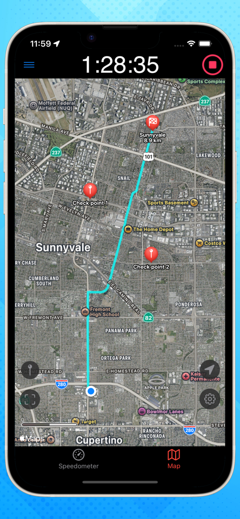 Bike Computer - Cycling - Satellite map view of a cycling route with checkpoints and ride timer in the Bike Computer app