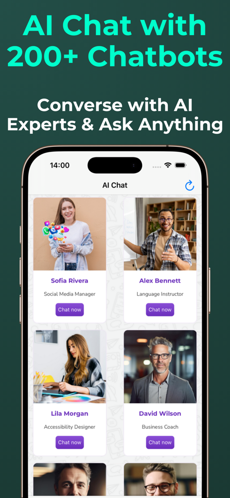 AI Writer & AI Checker ACI - Smartphone screen showing a selection of over 200 specialized AI chatbots for various professions like marketing and teaching