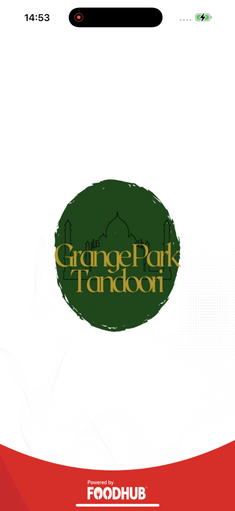 Grange Park Tandoori mobile app splash screen featuring the restaurant logo and Foodhub branding