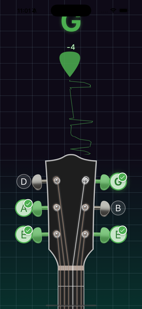 Guitar Tuner - 6 strings - Guitar Tuner app interface showing a 6 string guitar headstock with visual feedback for tuned strings.