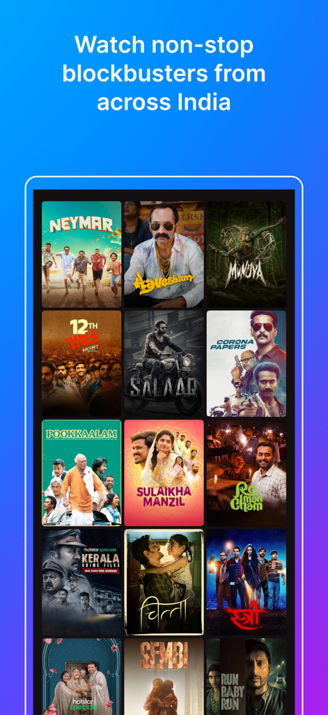Una colección de pósteres de películas indias populares en la interfaz de la aplicación JioHotstar, incluyendo títulos como Salaar, 12th Fail y Stree.