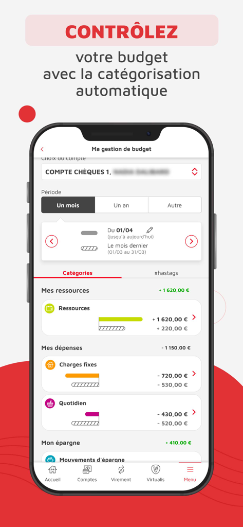 CMSO Suivi de compte et budget - Interface de l'application mobile CMSO affichant la catégorisation automatique du budget et le suivi des dépenses mensuelles
