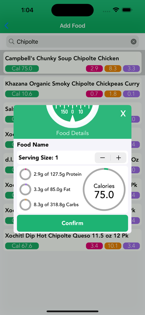 Calorie Deficit Calc & Counter - Detailed nutritional breakdown showing calories and macros for a selected food item