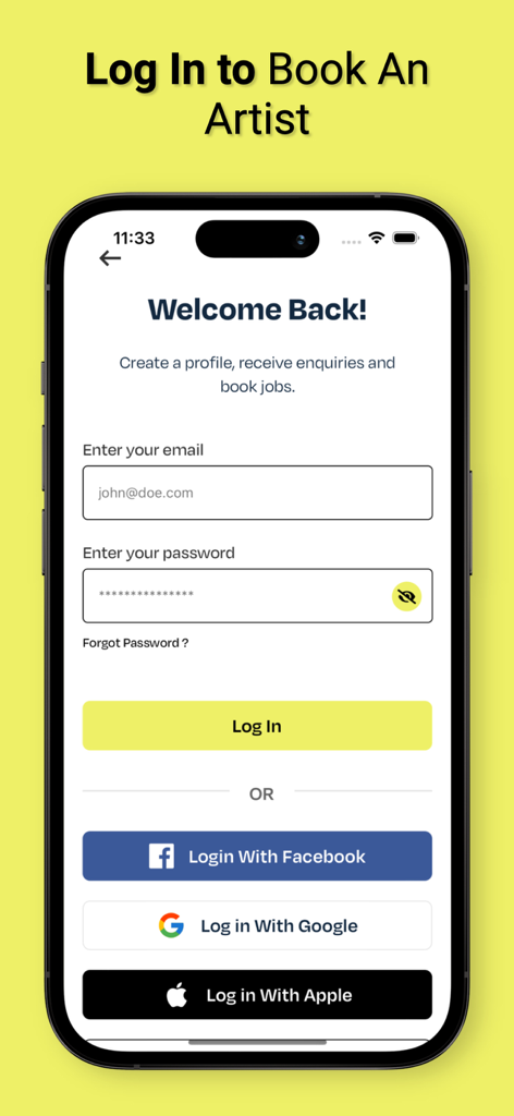 Book An Artist - Login screen for the Book An Artist mobile app showing email login and social sign-in options for artists.