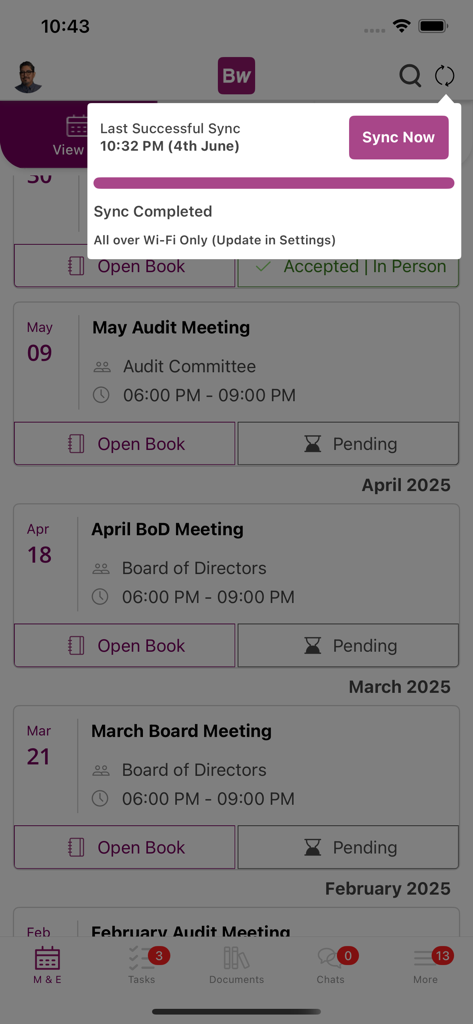 Computershare BoardWorks - Interface of Computershare BoardWorks app showing a sync completed notification and a schedule of upcoming board meetings