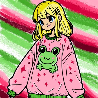 girl wearing frogging sweatshirt