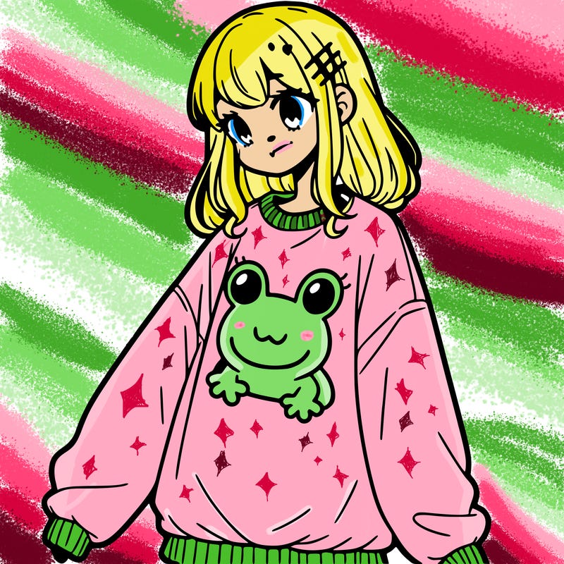 girl wearing frogging sweatshirt