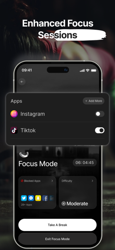 The LockedIN Mindset - The LockedIN Mindset app interface showing enhanced focus sessions and app blocking features for social media.