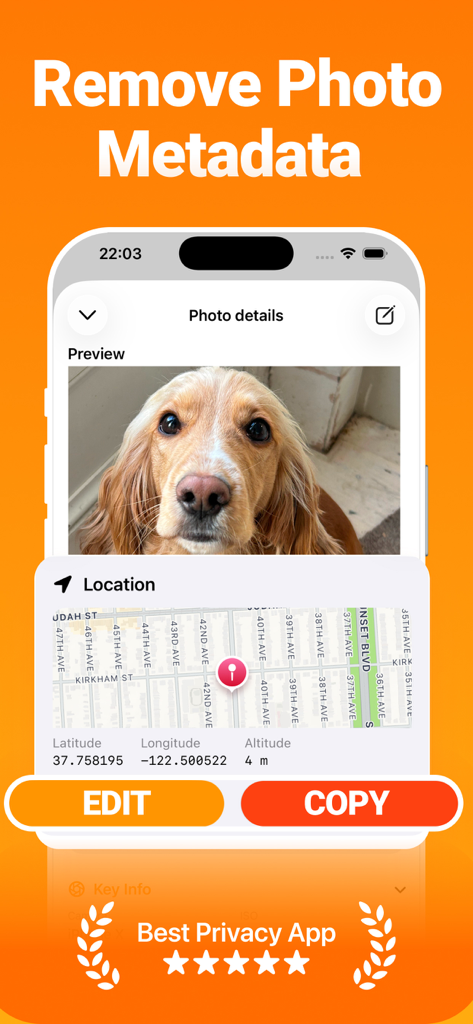 EXIF Metadata Editor app interface showing photo details with map location and metadata removal options.