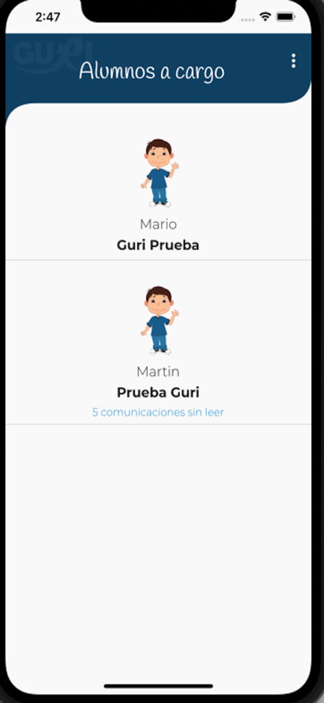 GURI Familia - GURI Familia app screen showing a list of students under care with names and unread notifications