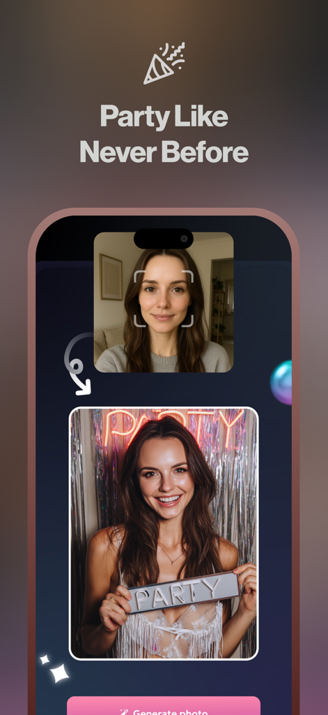 Facely: AI Face Swap & Art - AI face swap app screenshot showing a woman's selfie transformed into a cinematic party scene with festive decorations