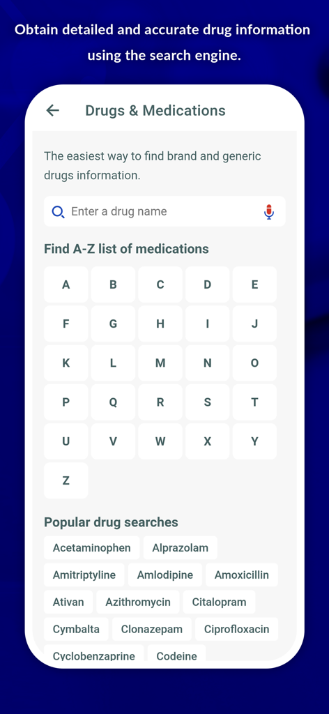 Pill Identifier - Pro - Interface of the Pill Identifier Pro app showing a drug search bar an A to Z list of medications and popular drug searches