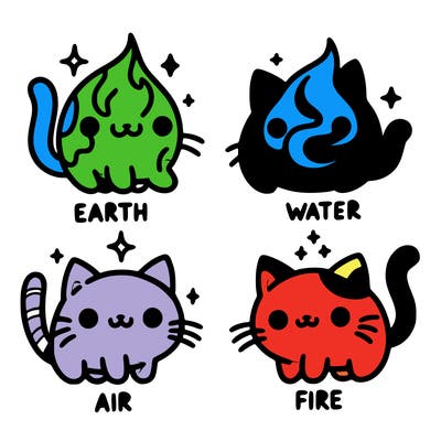 4 cats that represent the different elements, earth, water, air, and fire