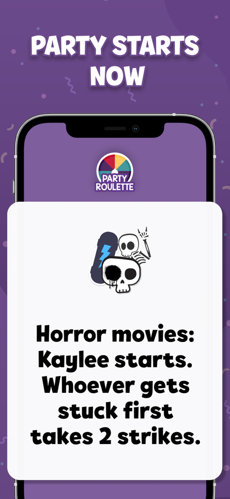 Party Roulette mobile app showing a group game challenge prompt on a smartphone screen.