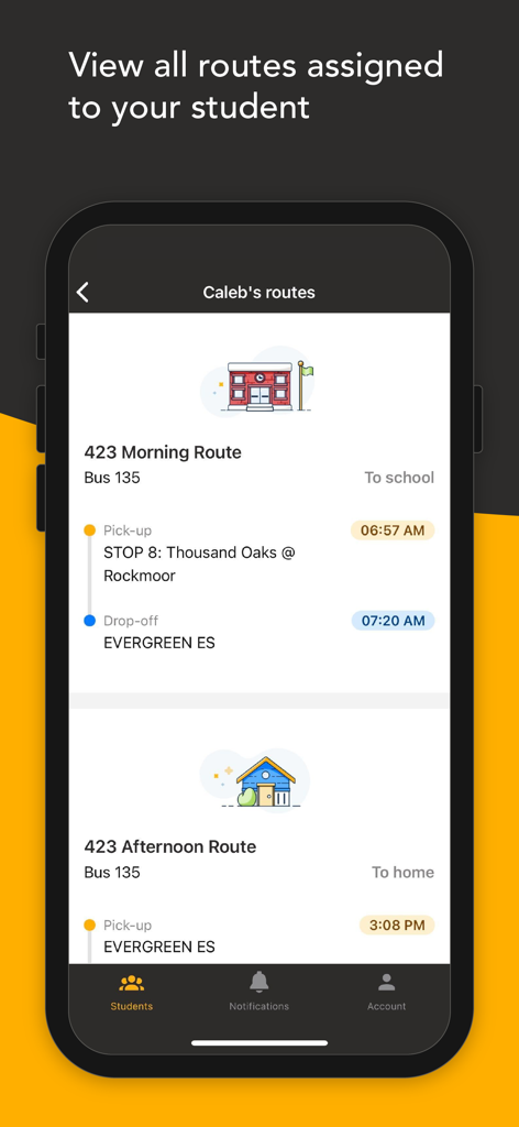 SMART tag™ Parent App - SMART tag Parent App interface showing a student's morning and afternoon bus route schedules including pick-up and drop-off times
