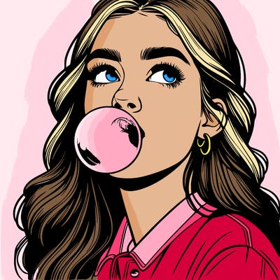 realistic woman blowing a bubble gum