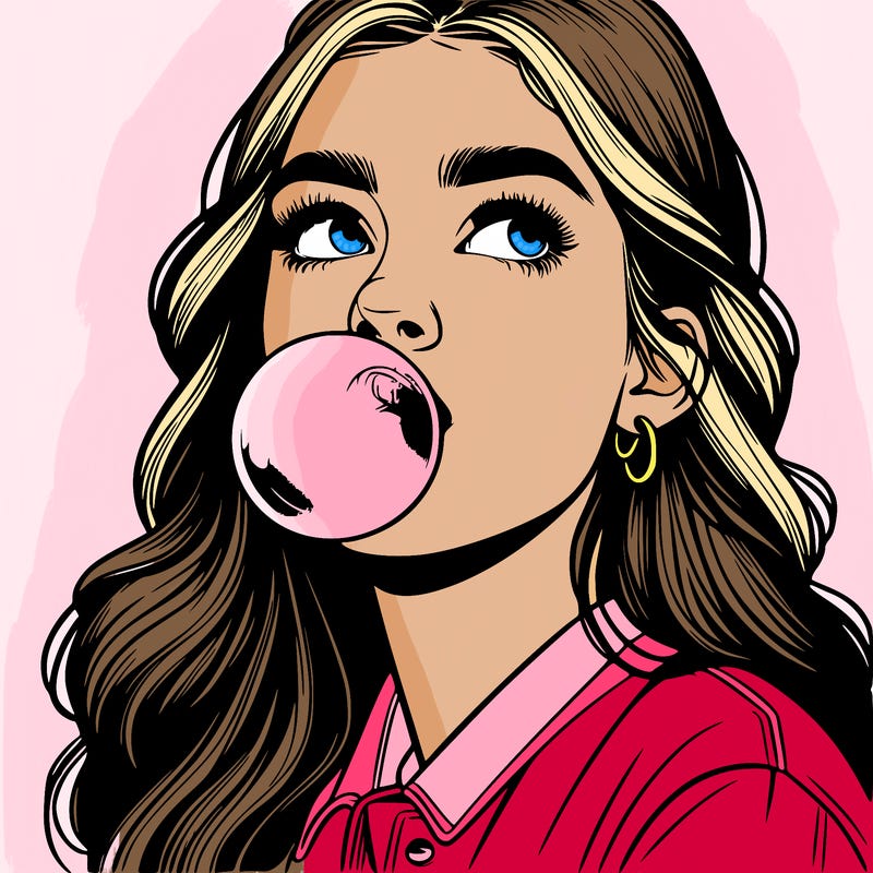 realistic woman blowing a bubble gum