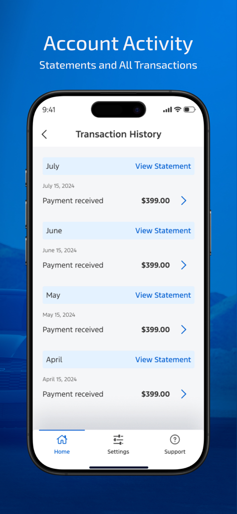 Ford Credit app transaction history screen showing a list of monthly vehicle payments and links to view statements