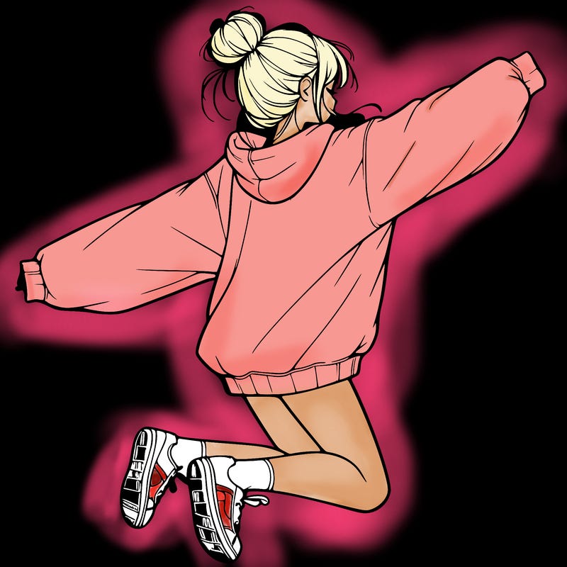 realistic girl jumping with a bun and oversized sweatshirt
