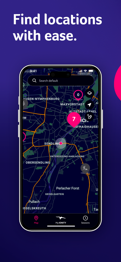 IONITY app map interface showing electric vehicle charging locations with real-time availability.