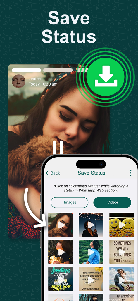Interface of the Whats Tracker app showing the save status feature with a gallery of photos and videos
