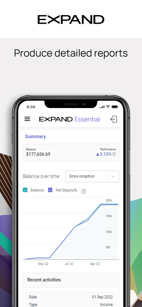 Expand - Expand app interface showing a summary of investment balance and an interactive performance graph