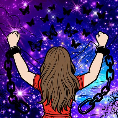 a woman breaking free from large chains around her wrists, with the chains dissolving into butterflies flying upward toward a backdrop of mountains and sky