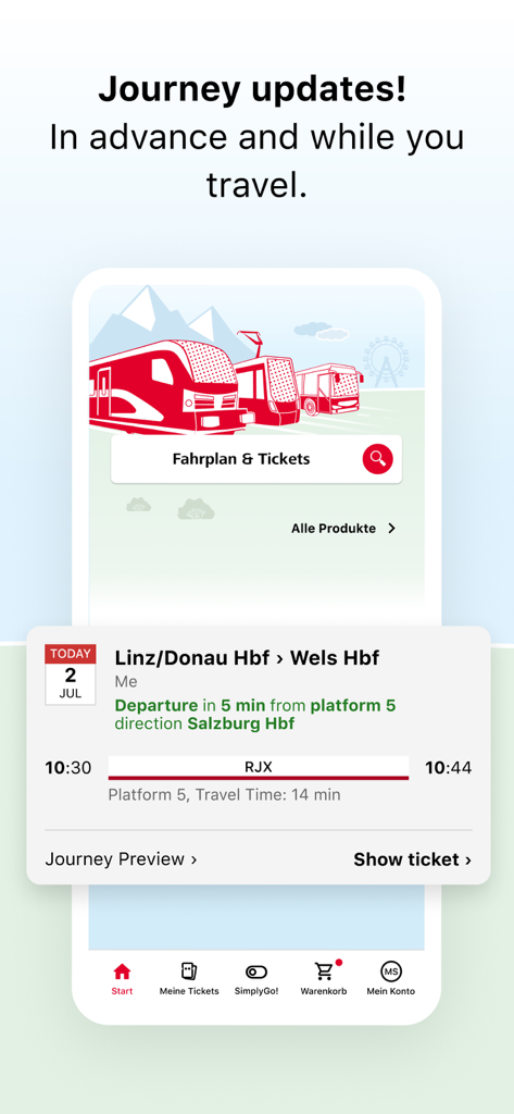 OBB Tickets app screen showing real time train journey updates and arrival times