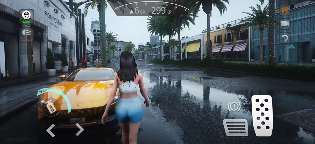 Gameplay screenshot of a character walking toward a yellow sports car in a realistic city street with a wet road effect and game HUD