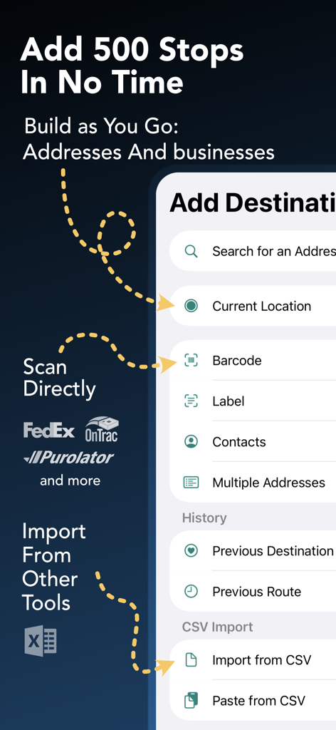 Droppath Route Planner - Interfaz de Droppath Route Planner mostrando opciones para agregar destinos mediante escaneo de códigos de barras e importación de CSV.